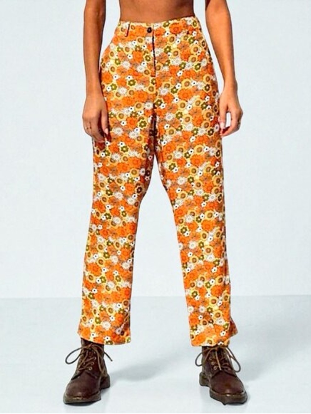 Her Pony The Label Honey Punch Orange Retro Floral High Rise Straight Crop Pants